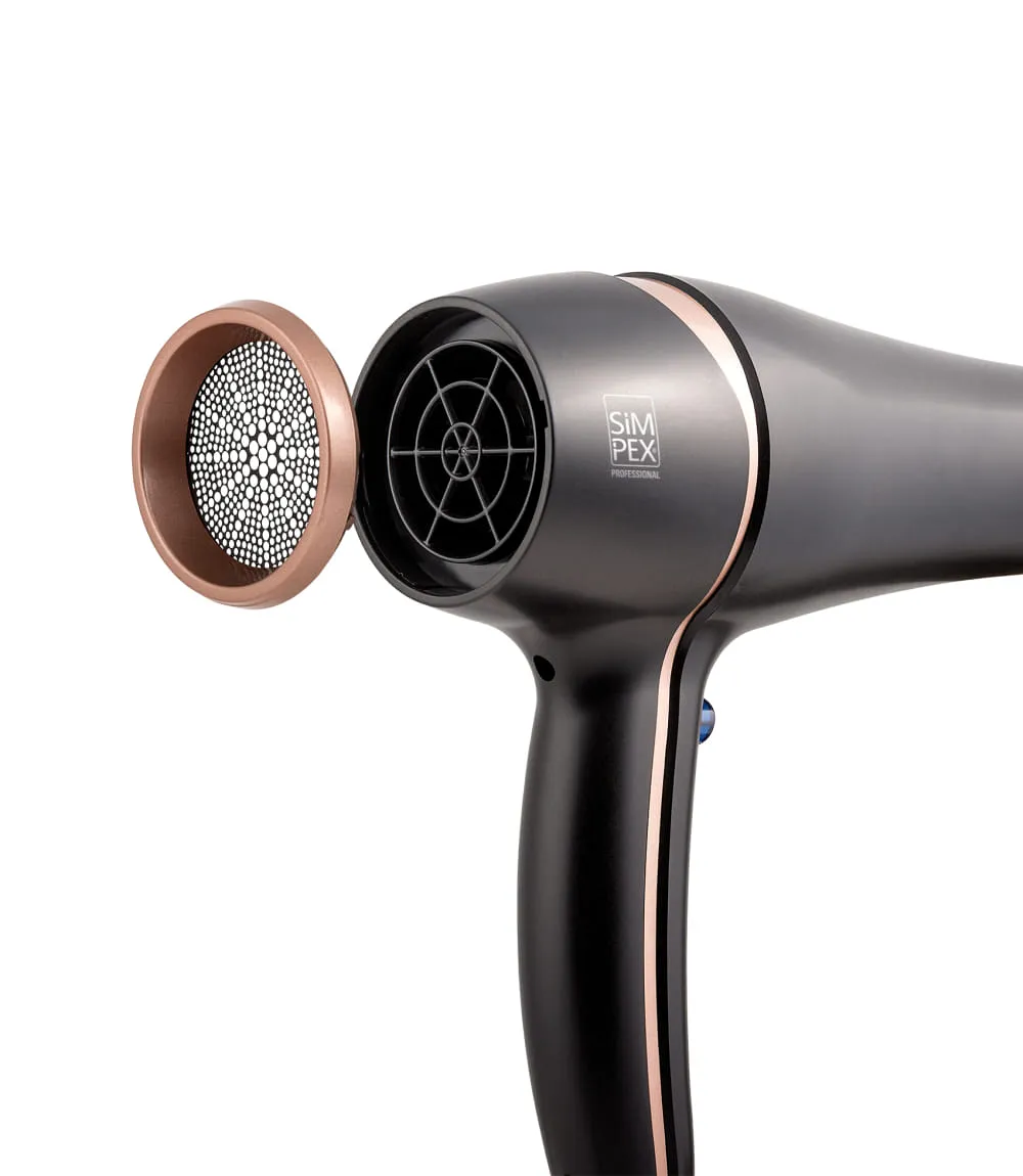 SIMPEX PROFESSIONAL Haartrockner in Schwarz mit roségoldenen Akzenten, Nahaufnahme der abnehmbaren Luftfilter-Abdeckung.
